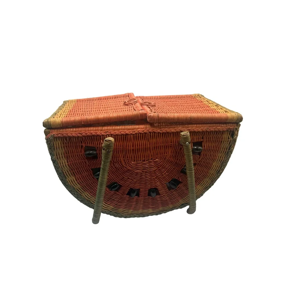 Vintage Wicker Watermelon Picnic Basket Fruit Print Lining Summer Tote Bag